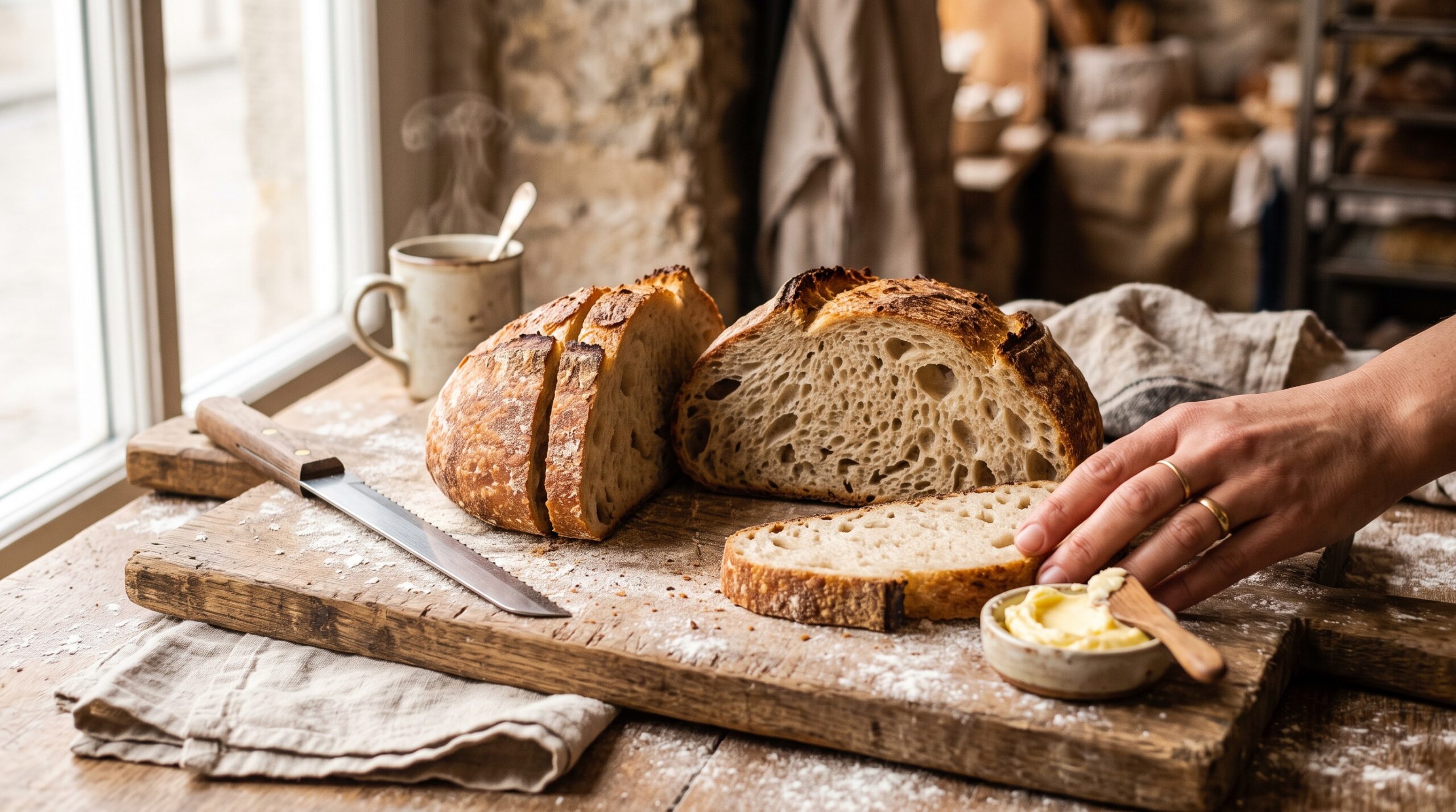 A sliced rustic sourdough loaf on a wooden board with an open crumb, ready to taste