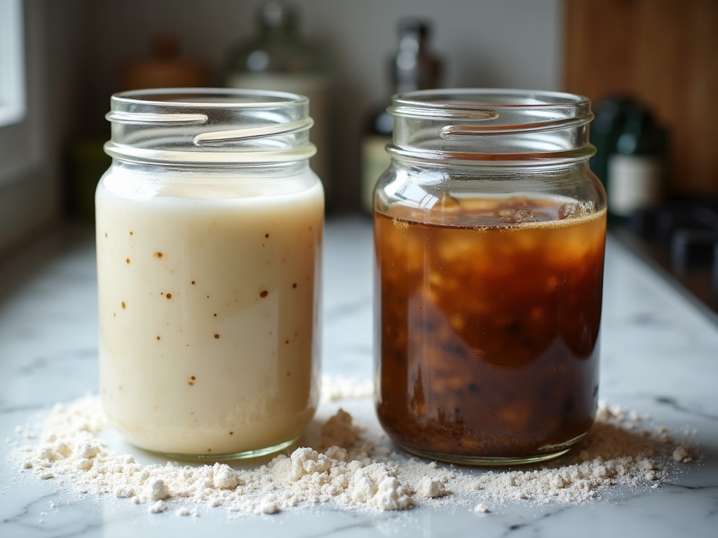 Two starter jars compared: a fresh domed bubbly starter on the left and a collapsed starter with hooch on the right