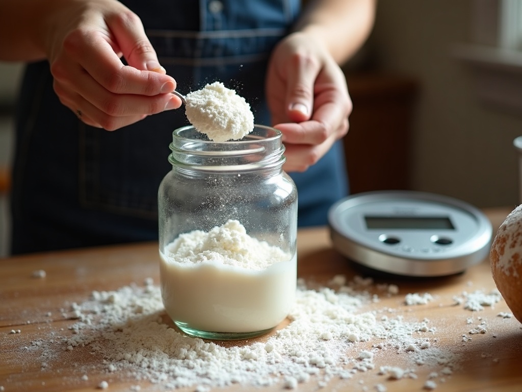 Hands feeding a small amount of starter with fresh flour on a scale for a high feeding ratio