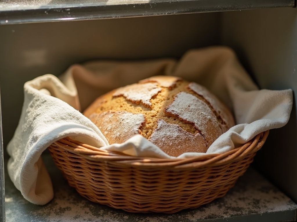 A shaped sourdough loaf in a banneton resting on a refrigerator shelf for a cold retard