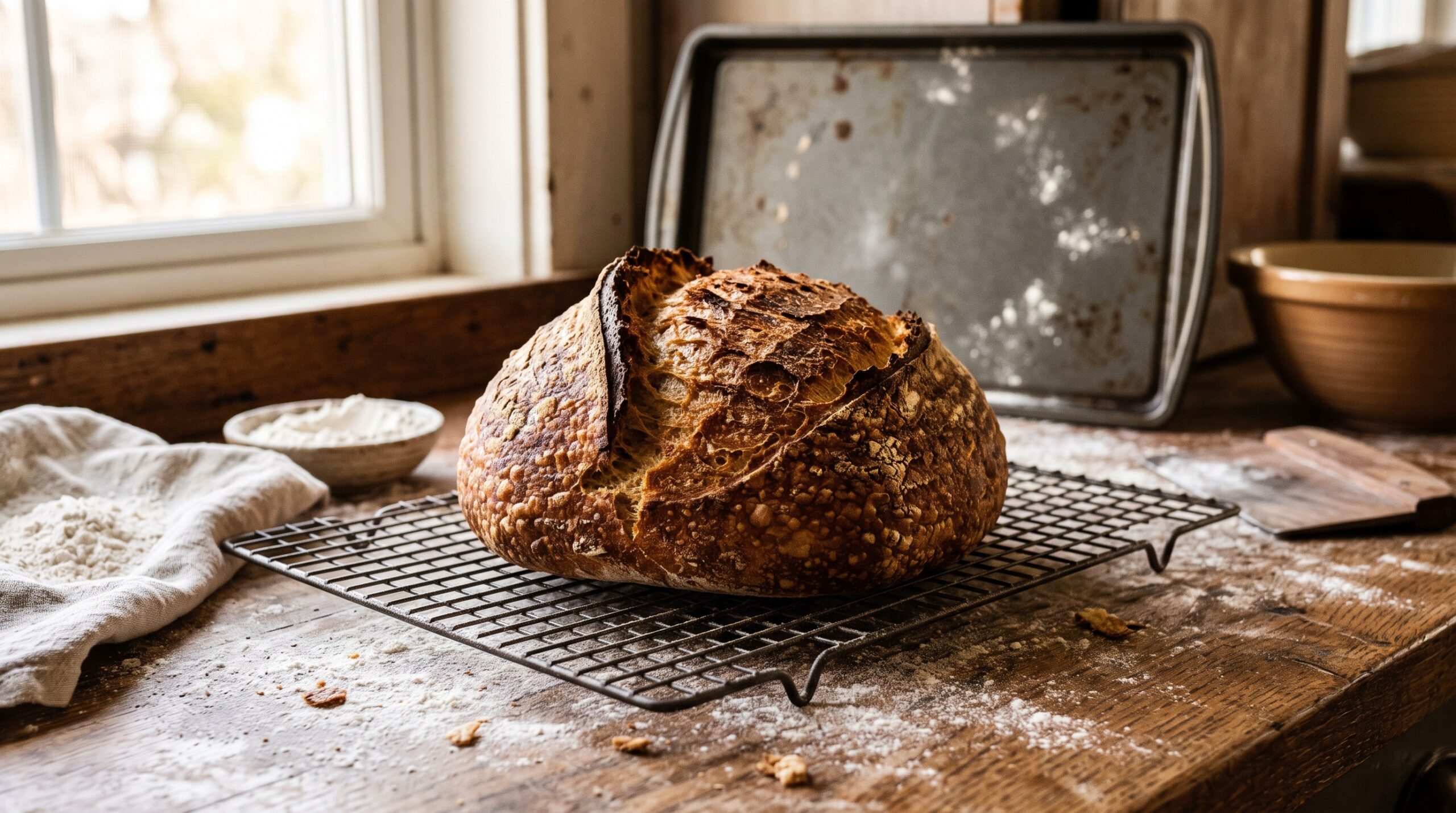 A rustic sourdough loaf with a crackly deep-brown crust cooling on a wire rack next to an ordinary baking sheet