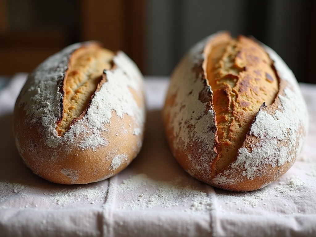 Two sourdough loaves compared: a pale soft loaf on the left and a deep-brown crackly loaf on the right