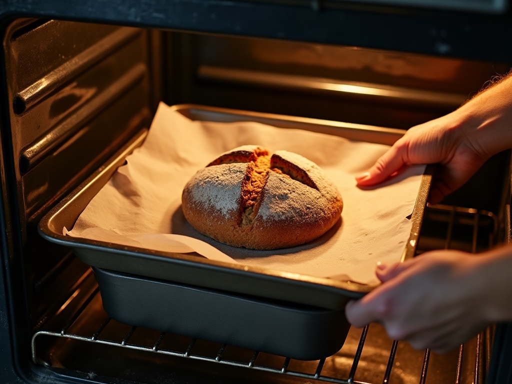Hands sliding a scored sourdough loaf onto a hot baking sheet with a metal pan on the rack below for steam
