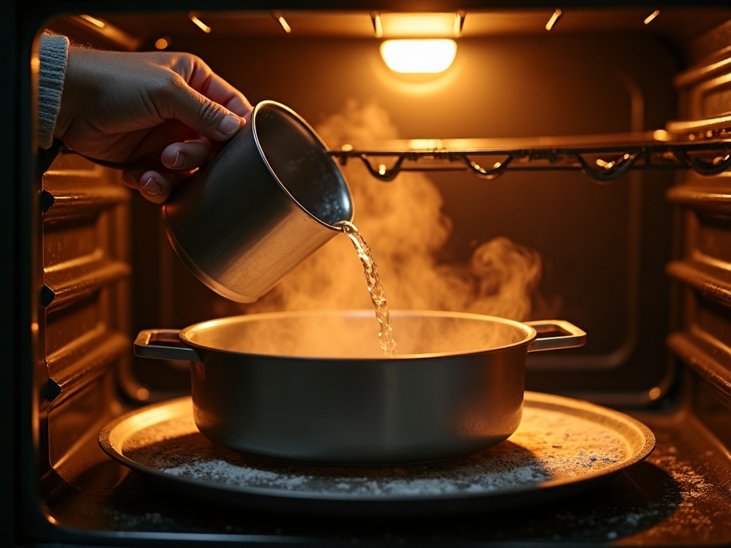 A hand pouring boiling water into a hot metal pan in the oven, releasing a burst of steam