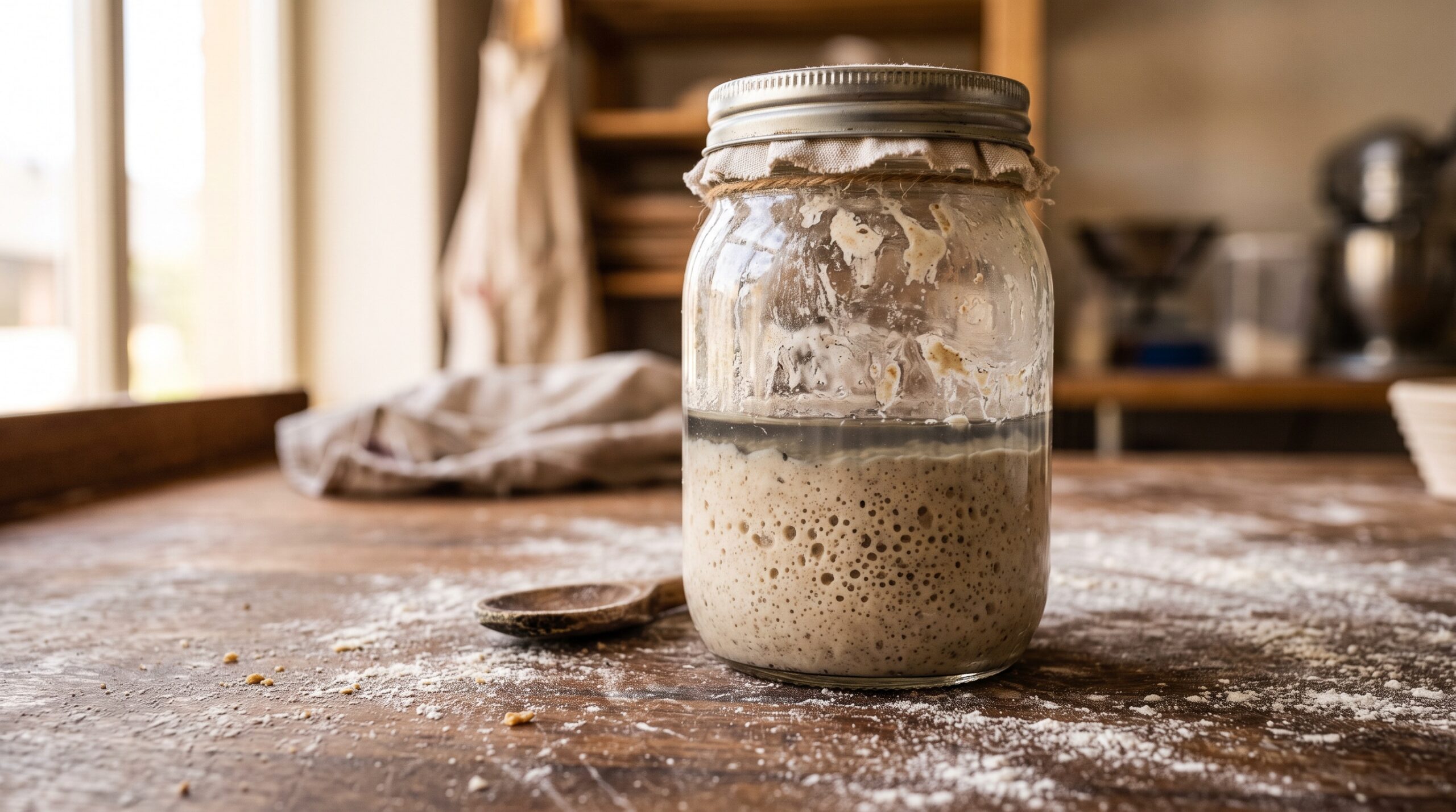 A glass jar of sourdough starter with a thin layer of gray hooch liquid pooled on top