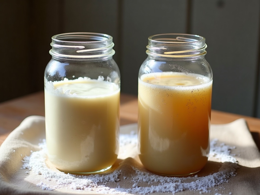 Two jars compared: a healthy risen starter on the left and a flat starter with hooch on the right