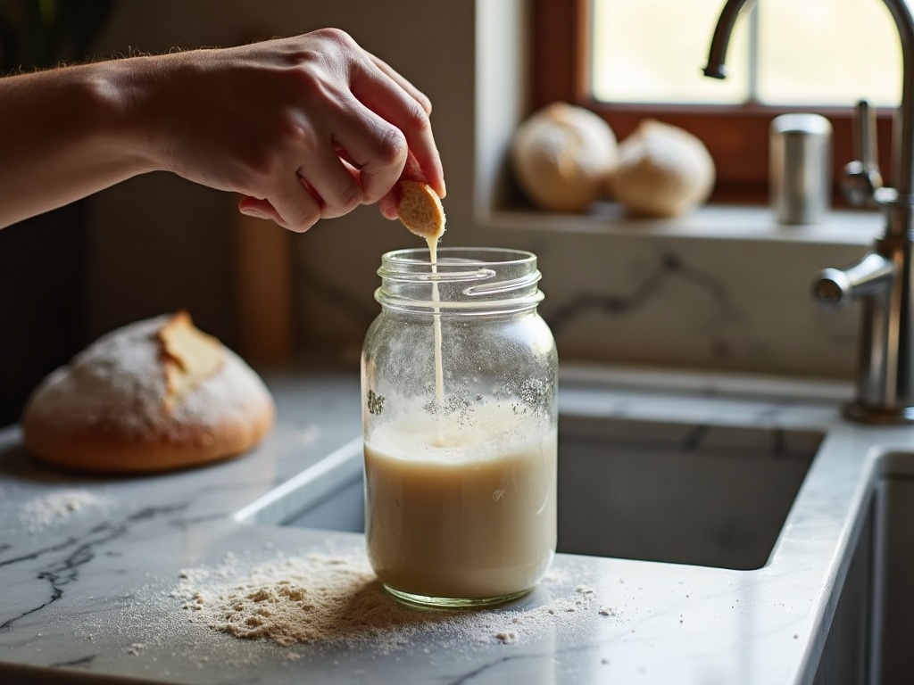 A hand pouring the hooch liquid off the top of a sourdough starter jar