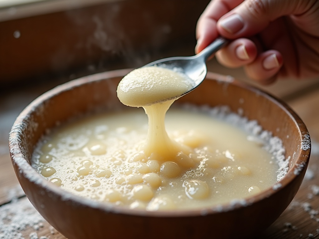 A spoon stirring a light layer of hooch back into a pale sourdough starter