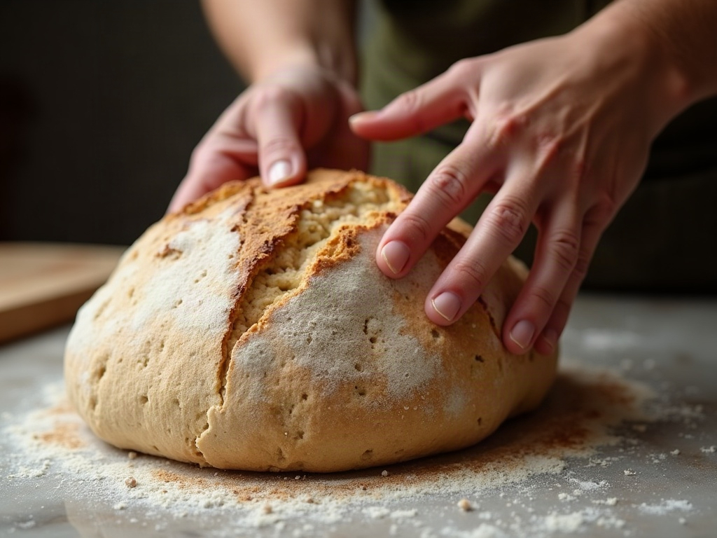 Wet sourdough dough clinging in sticky strands to a baker's fingers