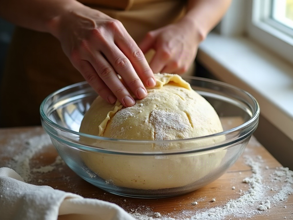 A wet hand stretching high-hydration dough up and over in a bowl during a fold