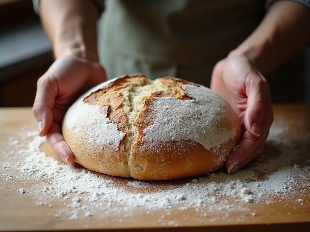 A bench scraper lifting and shaping a round of wet sourdough on a floured bench