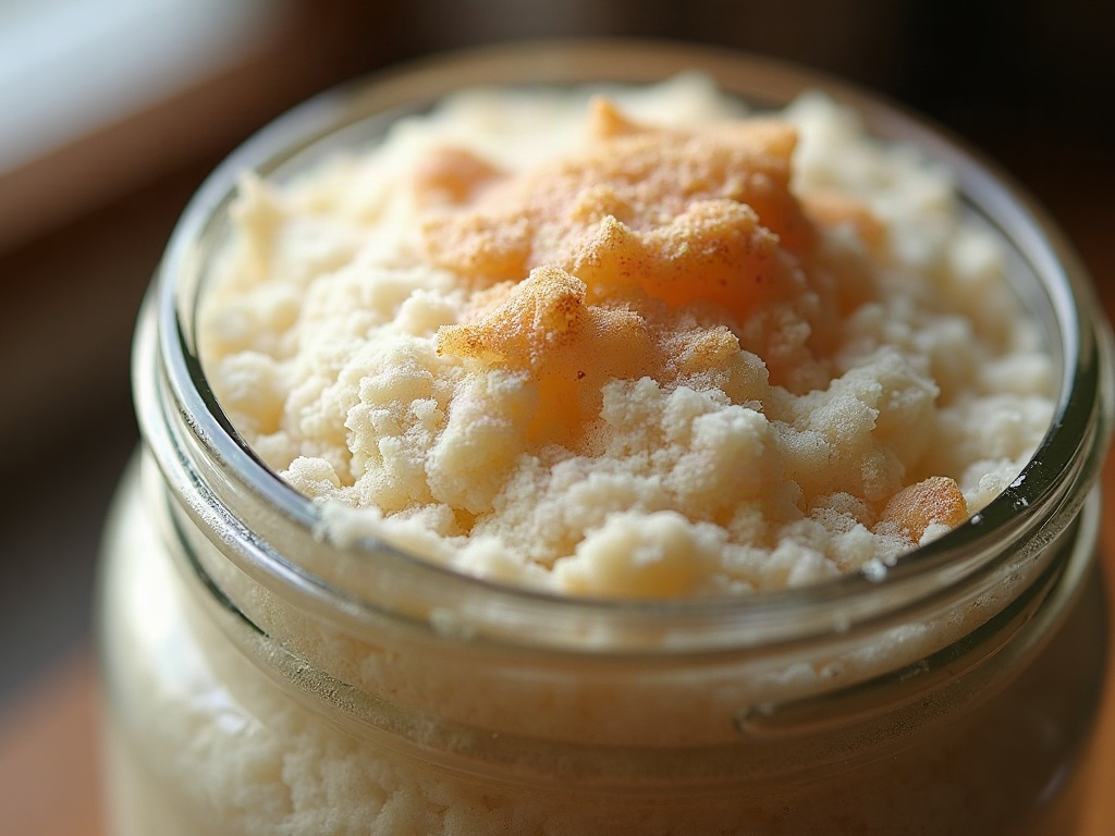 A bubbly liquid sourdough starter at peak rise in a glass jar