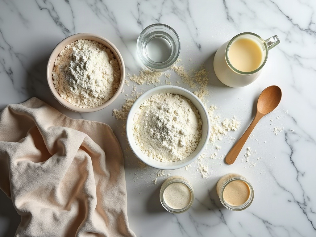 Flat lay of flour, water, and two jars showing thick and thin starter for feeding