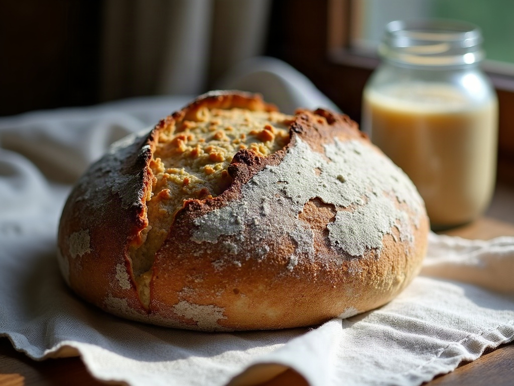 A golden blistered sourdough boule cooling beside a jar of starter