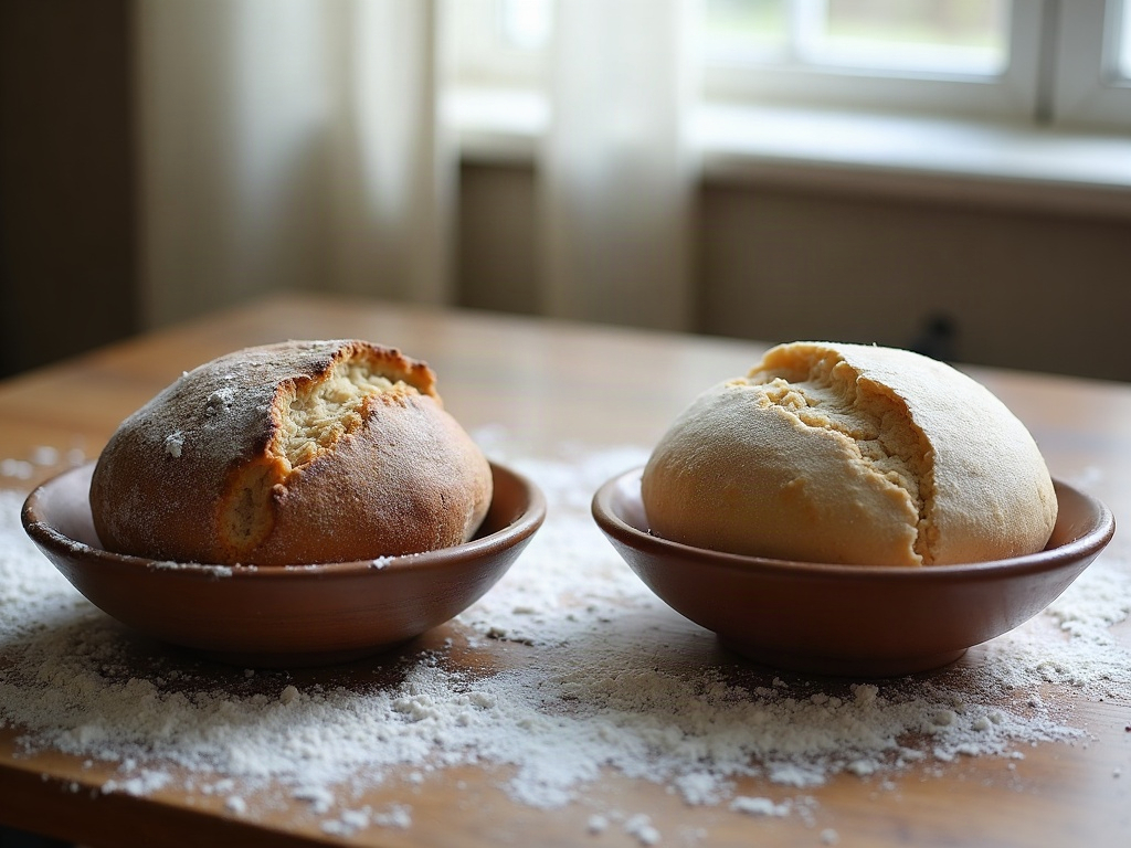 A slack pooling dough on the left next to a smooth domed dough that holds its shape after folding