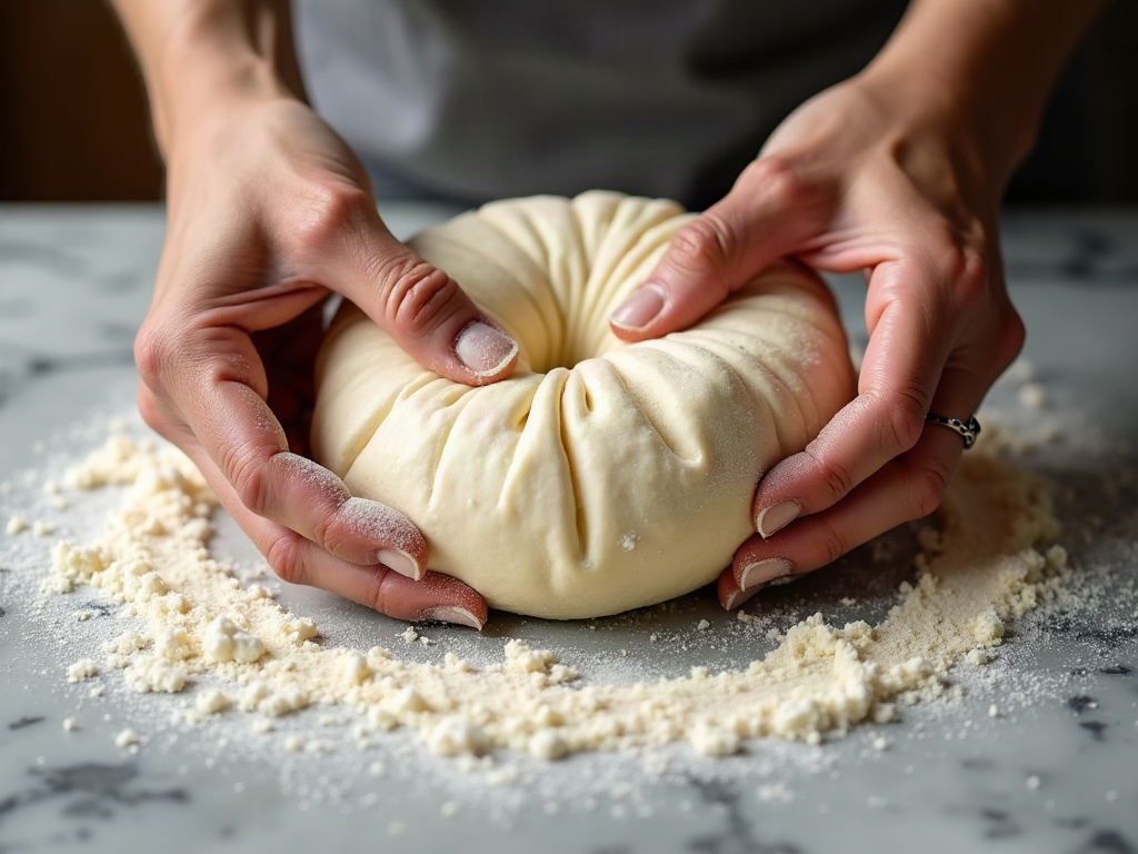 Hands lifting the middle of a bubbly dough in a coil fold so the ends tuck underneath