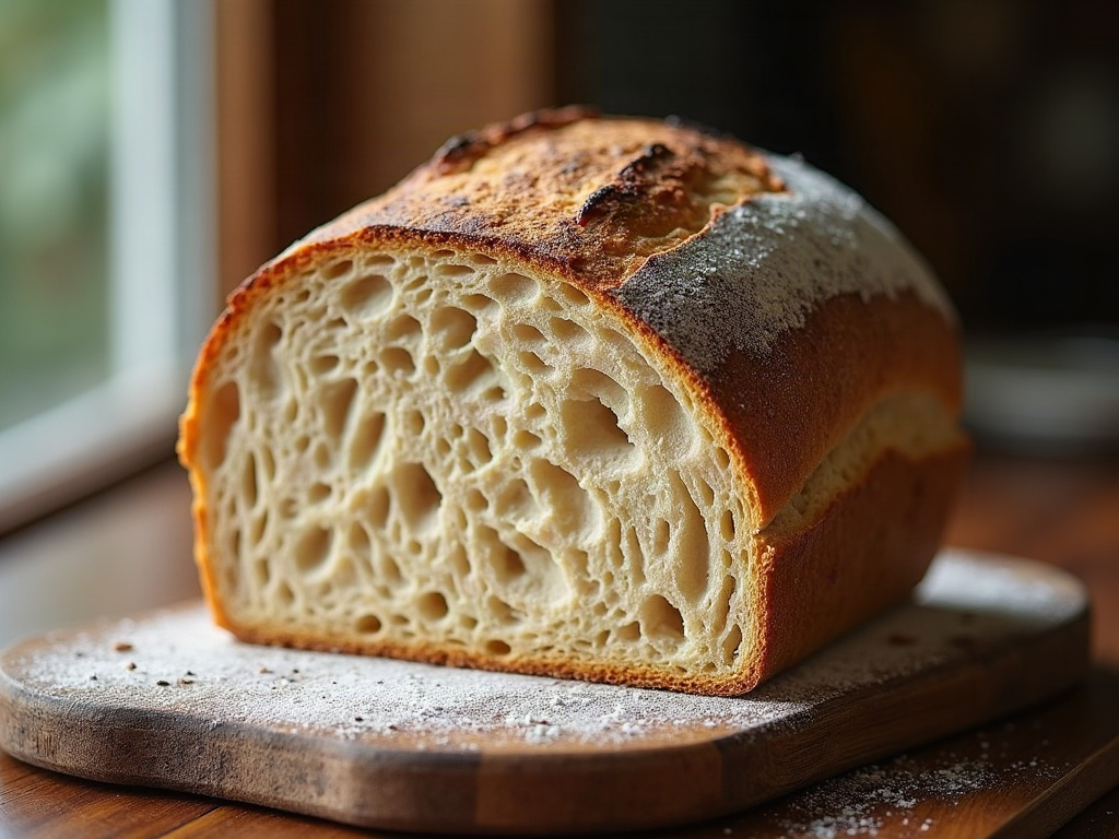 Cross-section of a well-risen sourdough loaf with an even open crumb