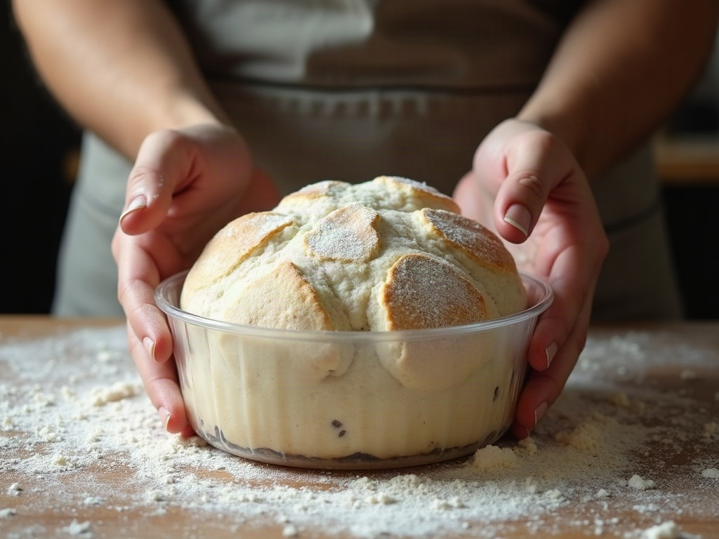A finger pressing a jiggly, domed, bubbly dough to judge when folding should stop