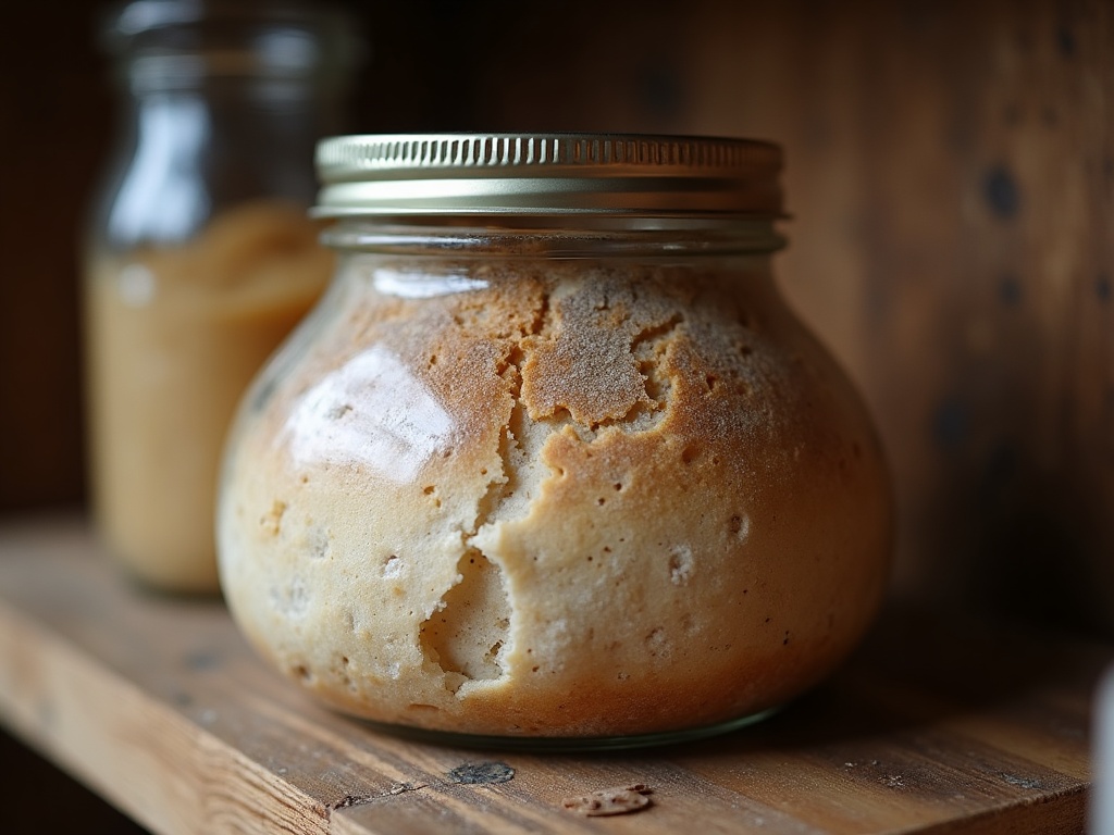 A jar of unfed sourdough discard with a thin grey layer of hooch on top