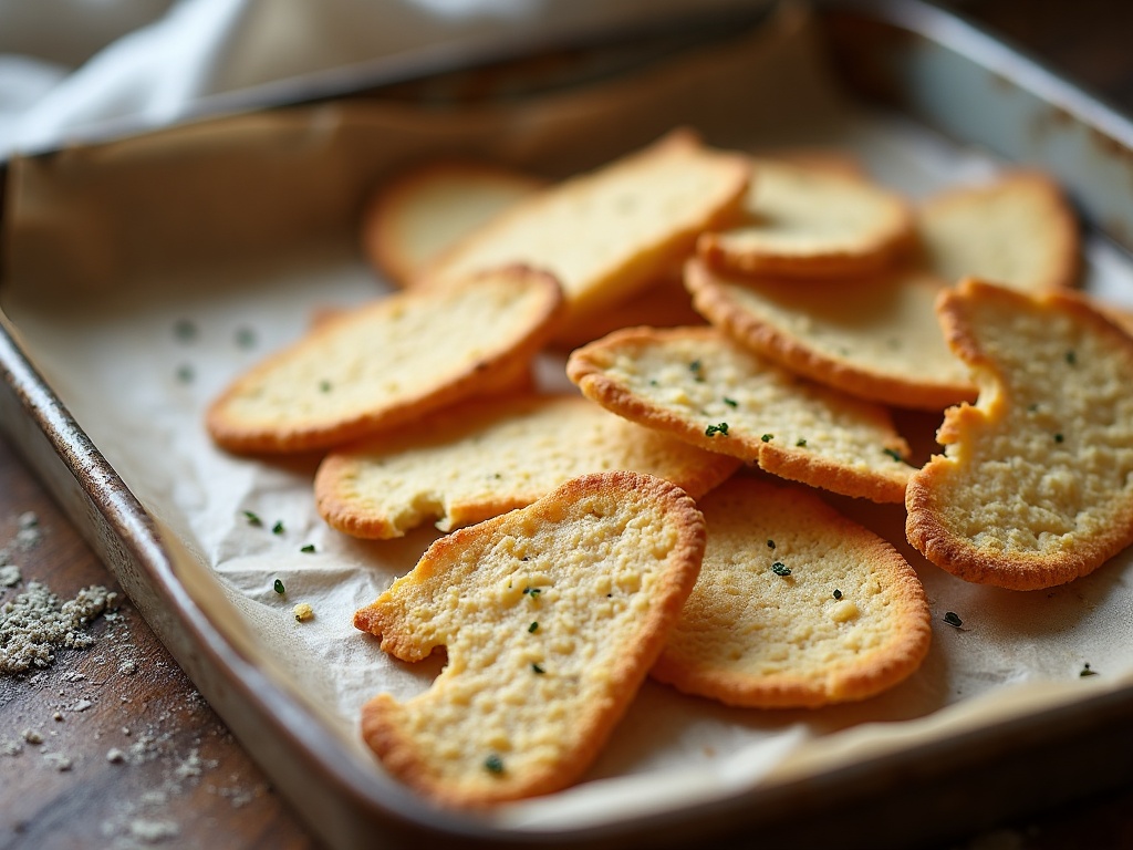 A tray of thin crisp sourdough discard crackers broken into shards on parchment