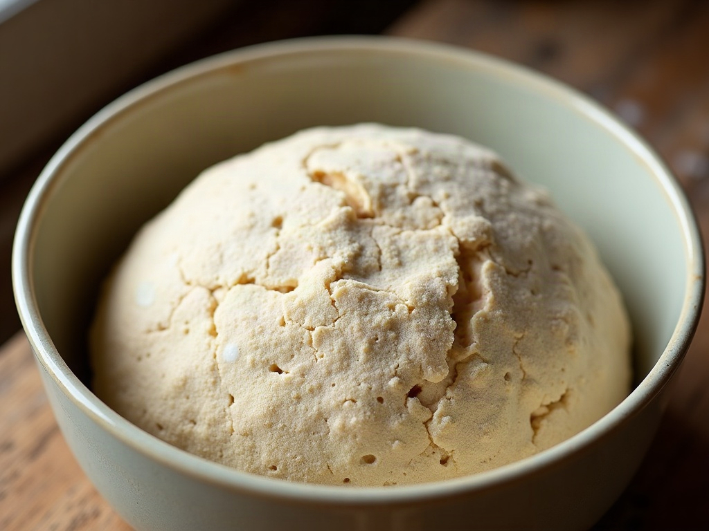 The domed, bubbly surface of bulk-fermenting sourdough dough pulling gently away from the sides of the bowl