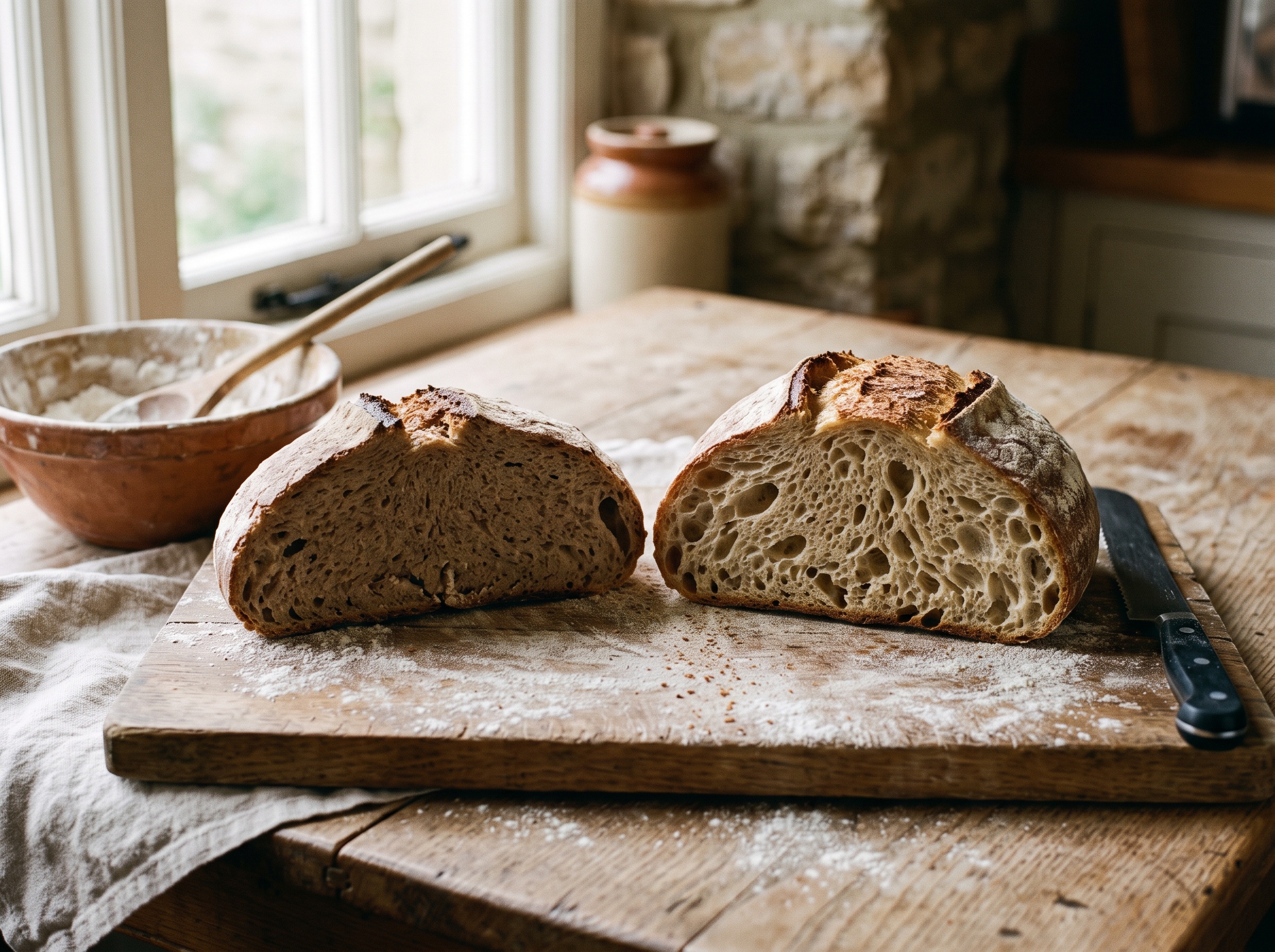 Two cut sourdough loaves side by side: left a dense tight underfermented crumb, right an open even well-fermented crumb