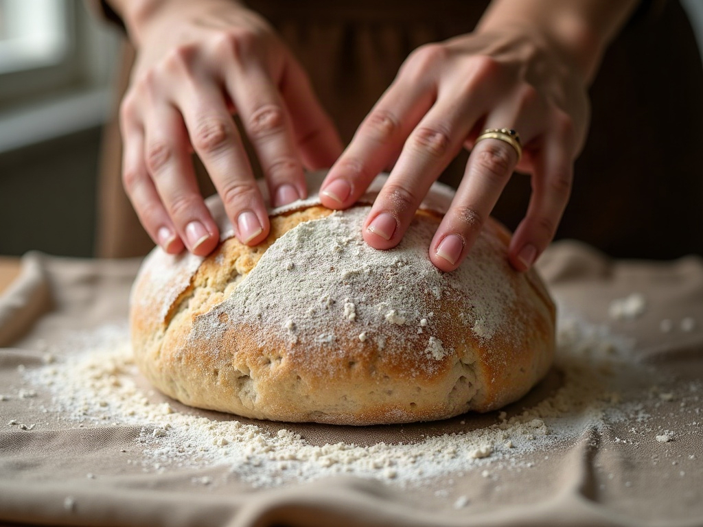 A floured finger pressing a dimple into risen sourdough dough during the poke test, the indent slowly springing back