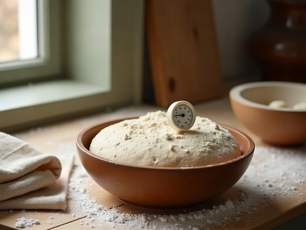 A kitchen thermometer probe in a bowl of sourdough dough on a floured counter beside a linen towel