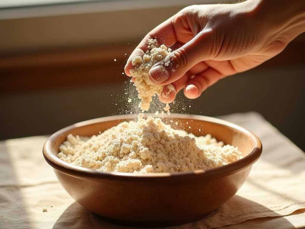 Close-up of coarse whole wheat flour showing bran flecks