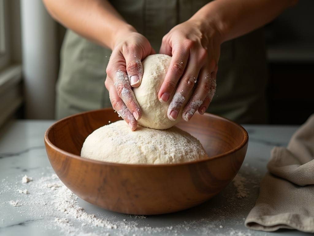 Hands stretching and folding a well-hydrated whole wheat dough