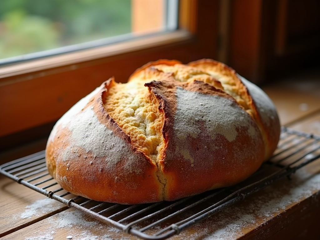 A well-risen whole wheat sourdough boule cooling on a rack