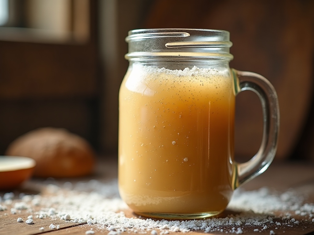 A jar of bubbly active sourdough starter at peak rise