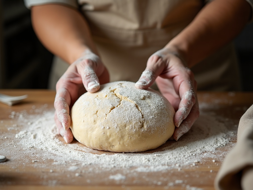 Floured hands building surface tension on a round of sourdough dough