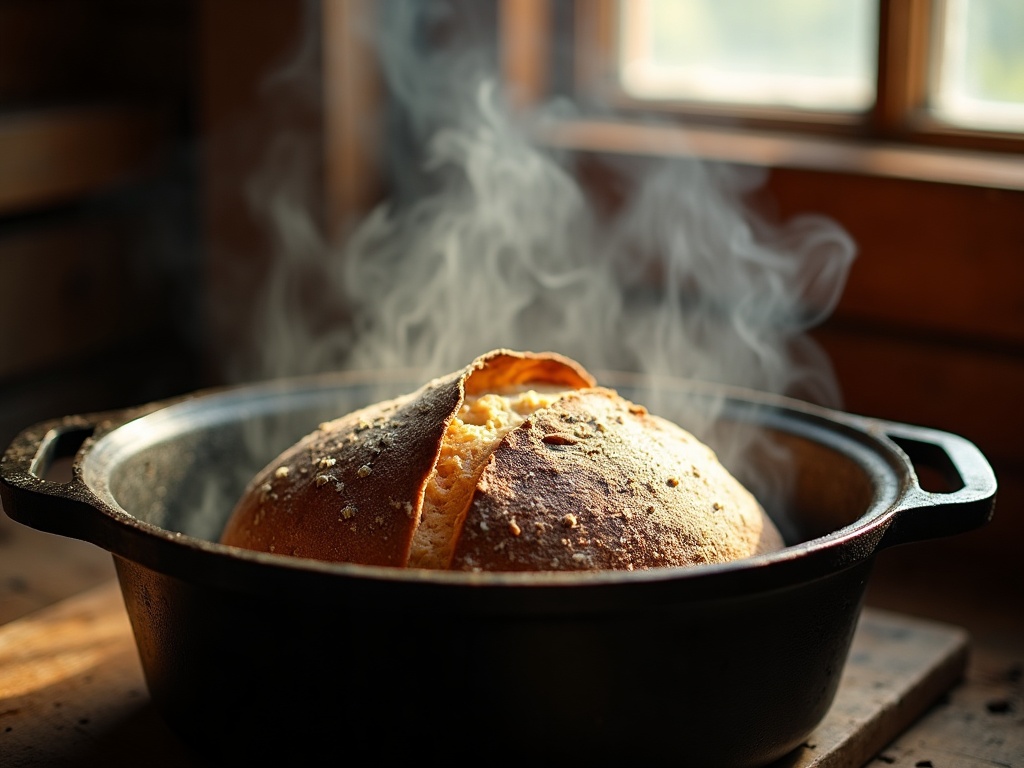 A sourdough loaf springing tall inside a steaming hot dutch oven
