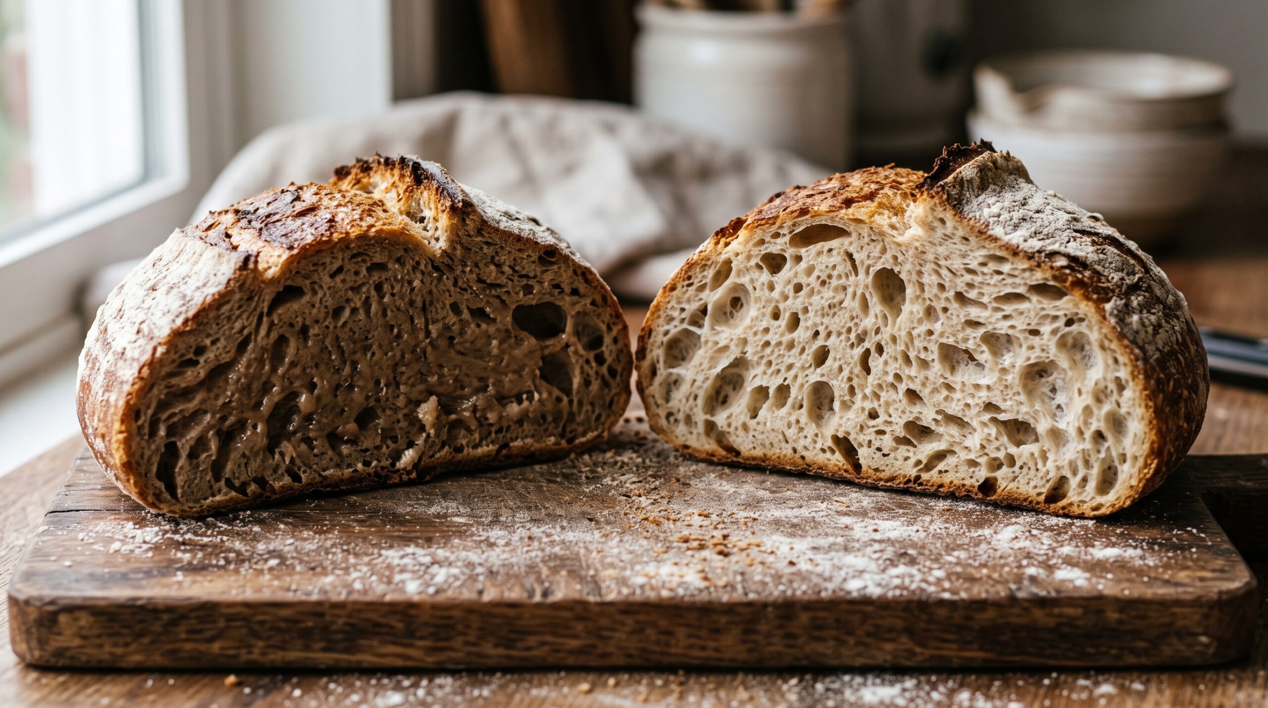 Two sourdough loaf halves compared: a gummy dense crumb on the left and an open well-set crumb on the right
