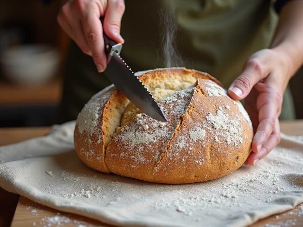 A knife smearing the sticky crumb of a warm sourdough loaf cut too soon