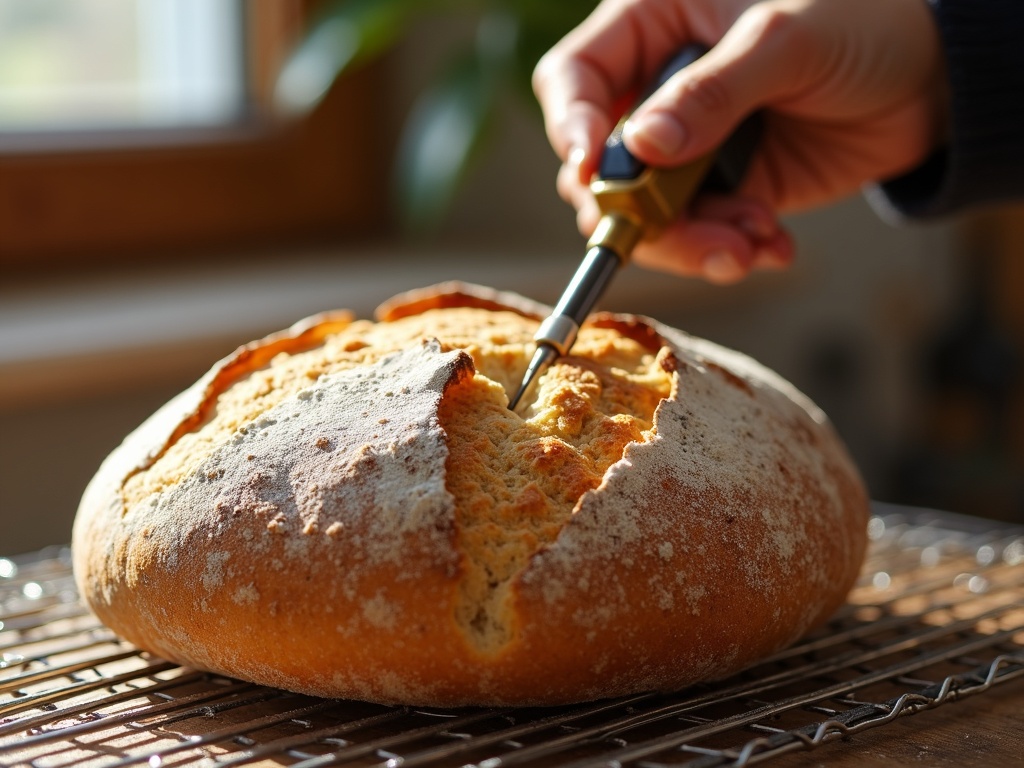 An instant-read thermometer probed into the center of a sourdough loaf on a cooling rack