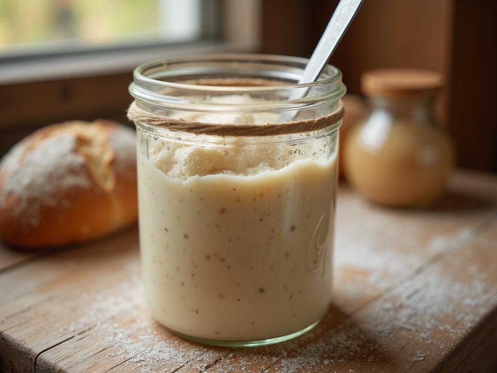 A bubbly, doubled sourdough starter at peak in a glass jar