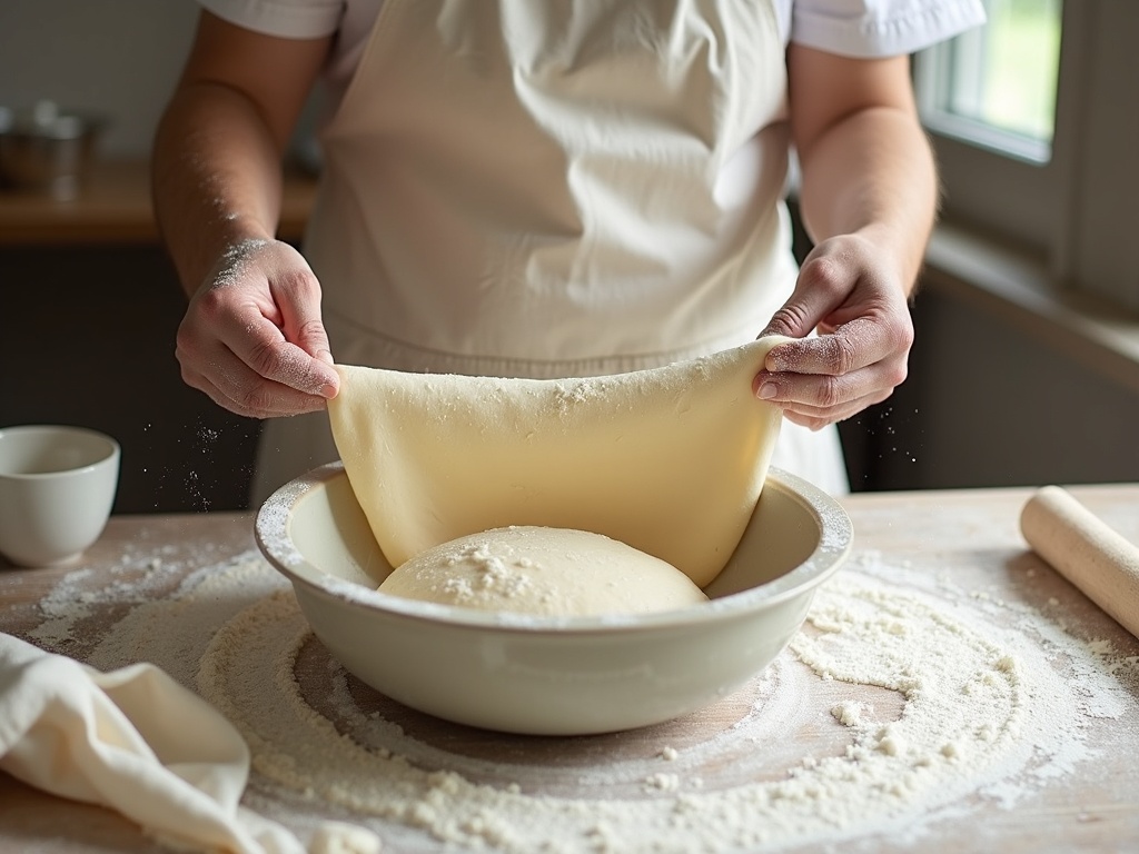Wet hands stretching and folding a strong, elastic sourdough dough in a bowl