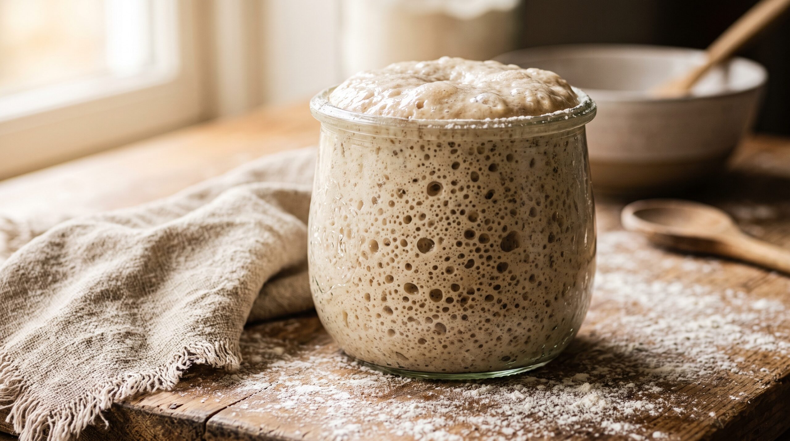 Active bubbly sourdough starter in a glass jar on a floured wooden counter