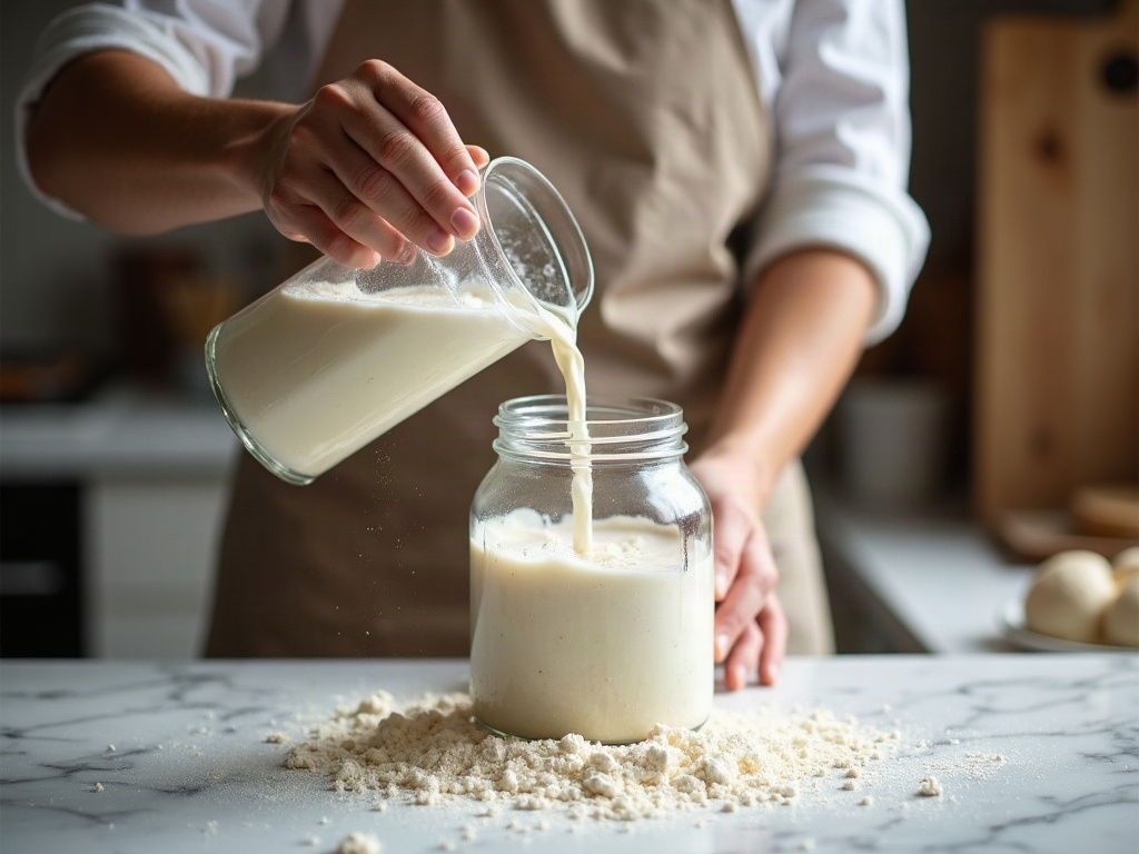 Hands feeding a sourdough starter with fresh flour and water
