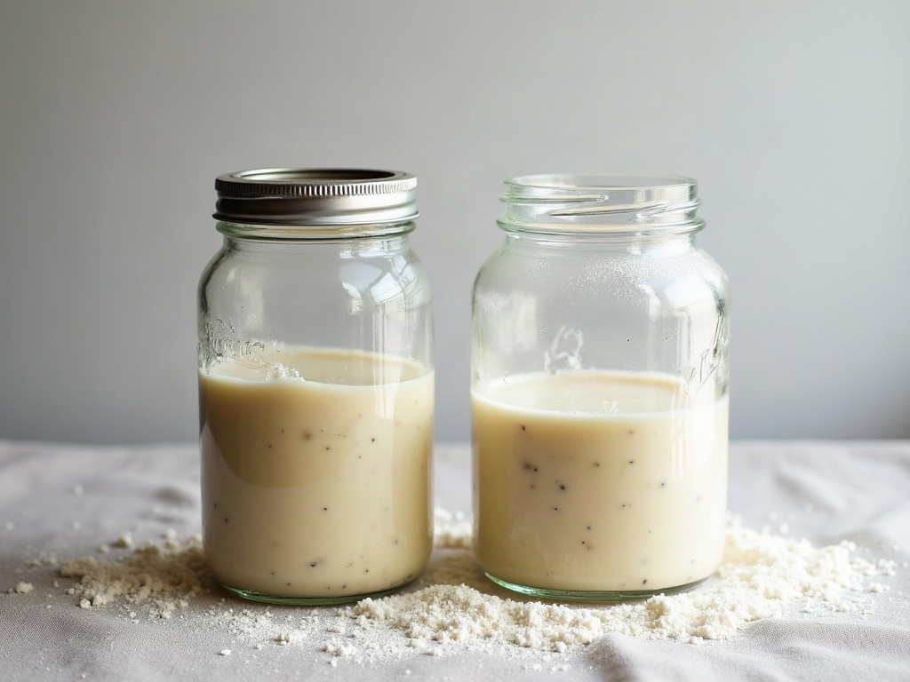 Comparison of a sluggish flat sourdough starter next to an active domed one