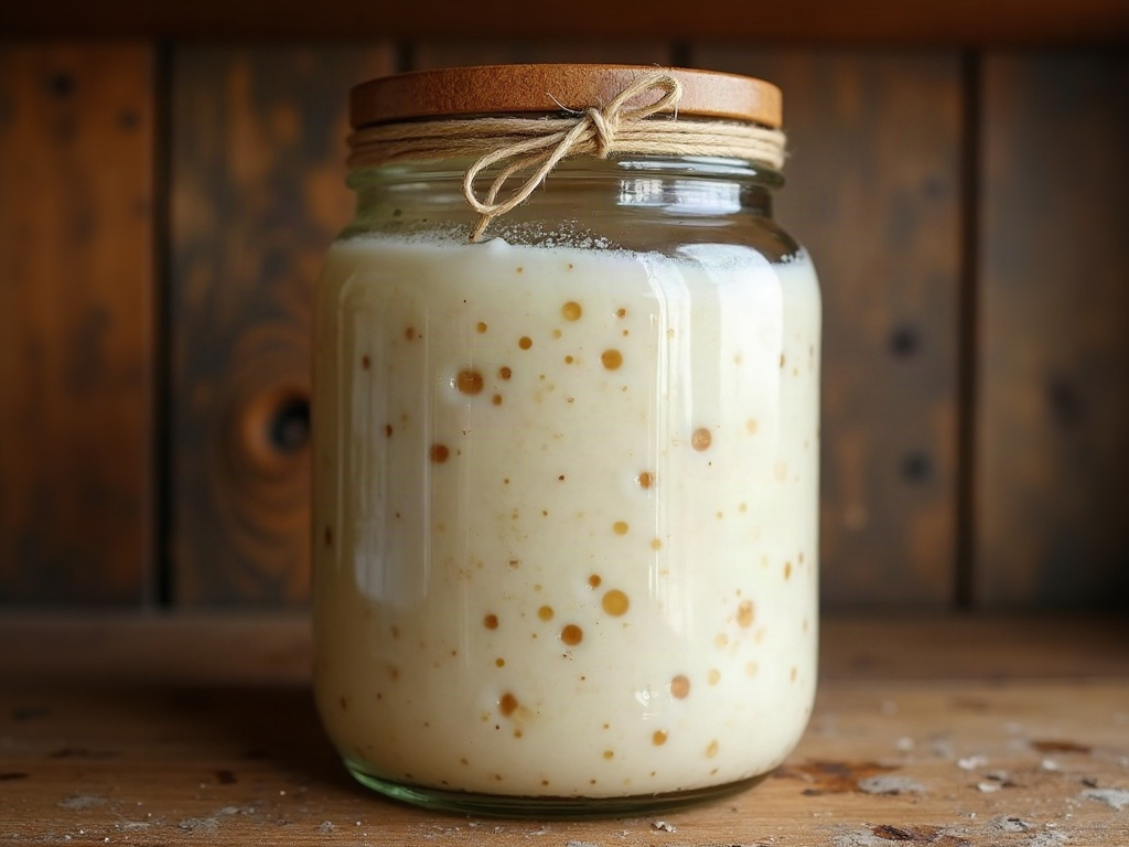 Sourdough starter risen to a rubber band mark showing how much it grew