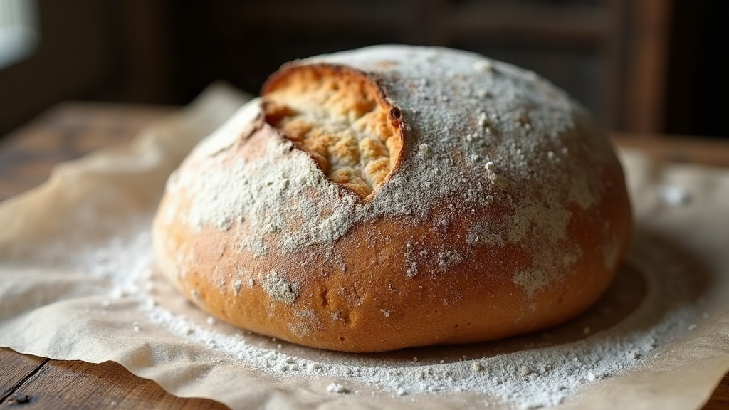 A cold sourdough loaf turned out onto parchment showing a domed floured surface with small bubbles