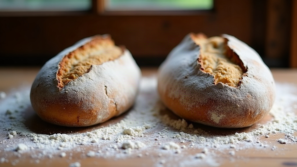Two sourdough loaves compared, one tall and domed, one flat and overproofed and slack