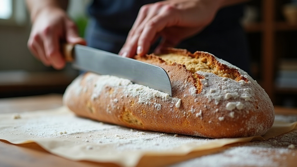 A hand scoring a cold firm sourdough loaf with a lame straight from the fridge on parchment