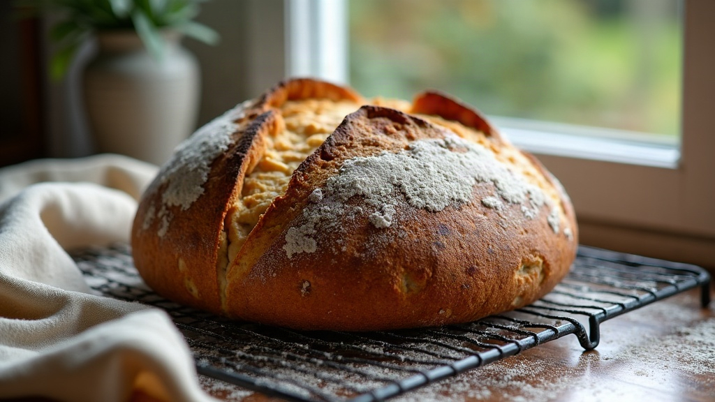 A finished sourdough boule with a golden blistered crust and open ear cooling on a wire rack