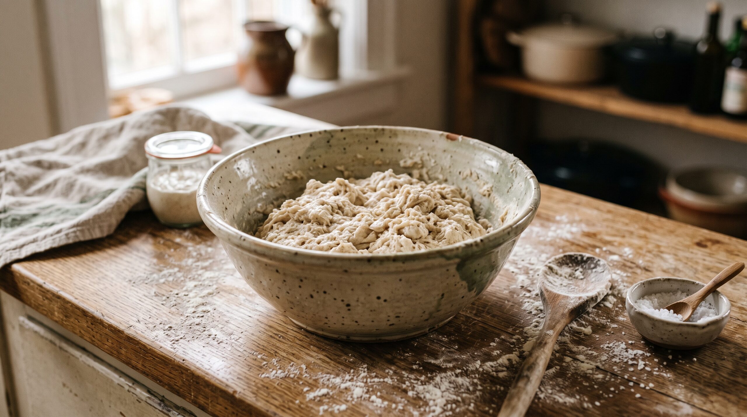 A shaggy mix of flour and water resting in a ceramic bowl during autolyse