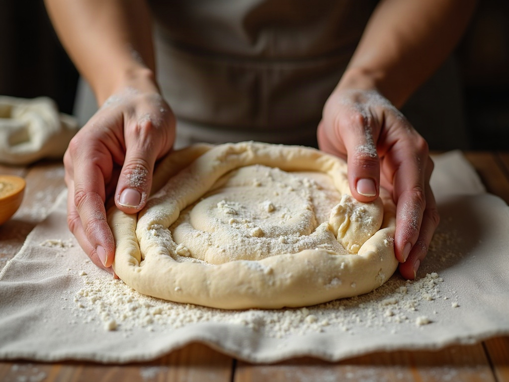 Hands stretching a smooth, extensible sourdough dough into a thin sheet