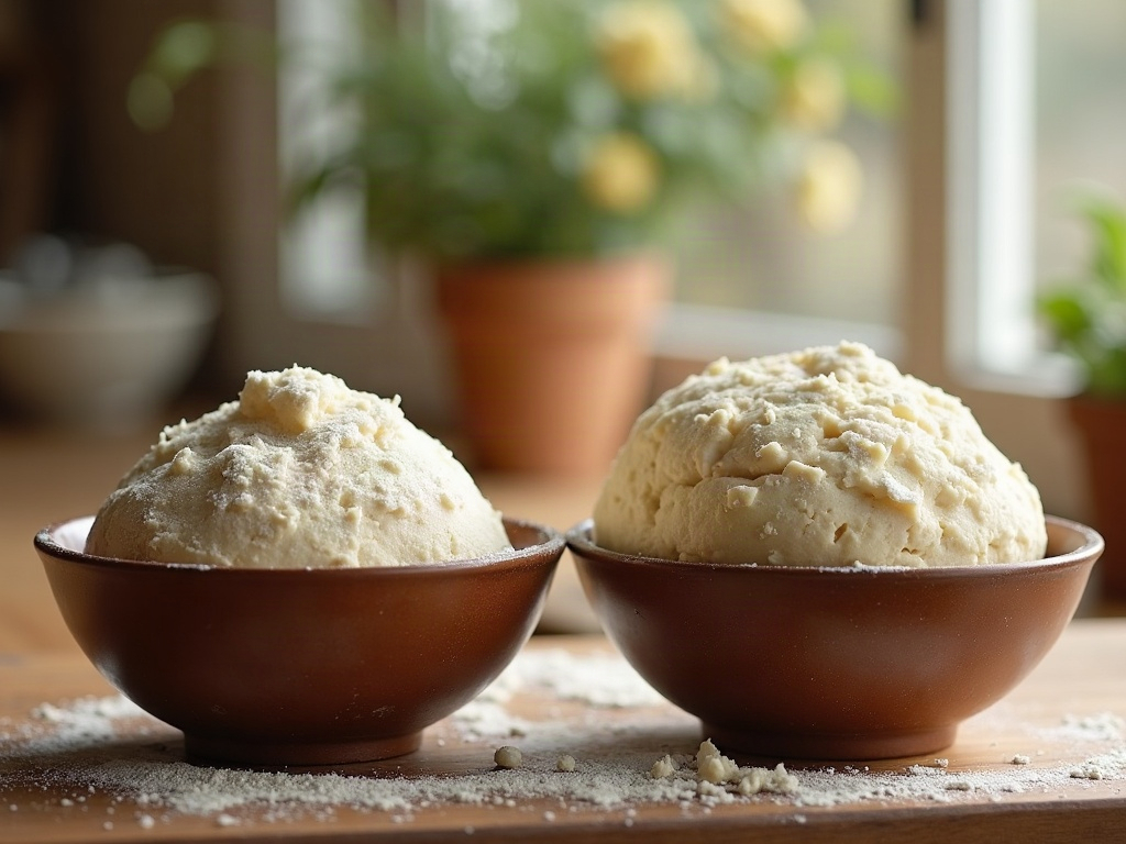 Two bowls of sourdough dough side by side showing rough versus relaxed texture